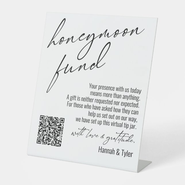 Contemporary Honeymoon Fund QR Code White Pedestal Sign (Front)