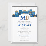 Contemporary Jerusalem – Bar Mitzvah Invitation<br><div class="desc">The colourful Joyful Contemporary Jerusalem Bar Mitzvah Invitation features a City of Jerusalem image at the top in a blue and gold theme and Hebrew name</div>