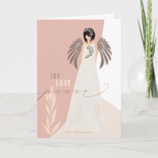 Contemporary Joy Love Peace Christmas Angel Holiday Card (Front)