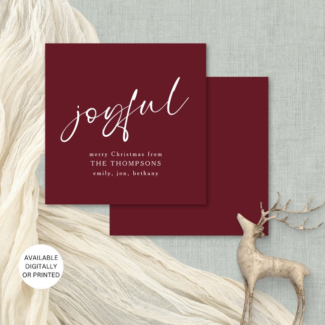 Contemporary Joyful Merry Christmas Burgundy Invitation (Front and back view, available digitally or printed)