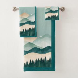 Contemporary Landscape Mountain Range Evergreens Bath Towel Set