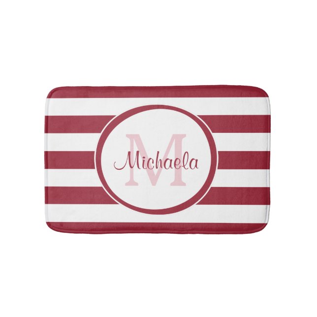 Contemporary Large Red Stripes Name and Monogram Bath Mat (Front)