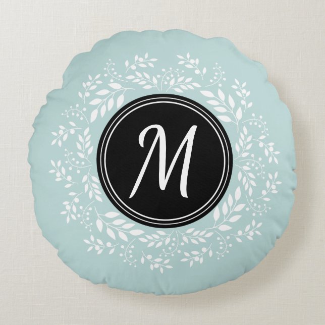 Contemporary Light Blue Floral Wreath Monogram Round Cushion (Front)