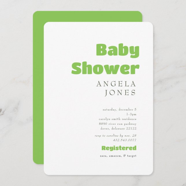 Contemporary Lime Green Neutral Baby Shower Invitation (Front/Back)