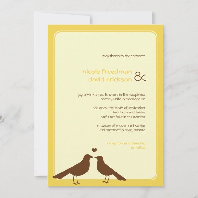 Contemporary love birds yellow wedding invitation (Front)