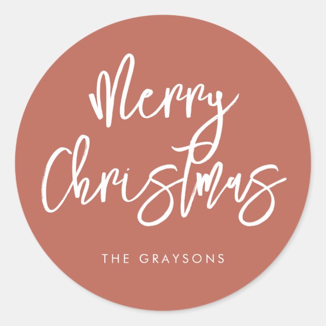 Contemporary Merry Christmas Terracotta Classic Round Sticker (Front)