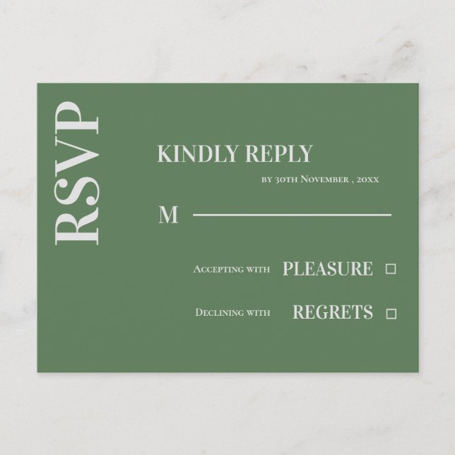 Contemporary Minimalist Sage Green Wedding RSVP Postcard (Front)
