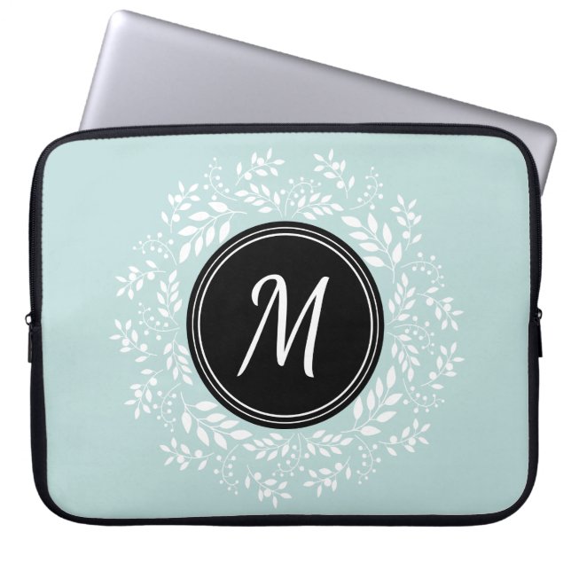 Contemporary Mint Floral Wreath Custom Monogram Laptop Sleeve (Front)