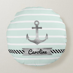 Contemporary Mint Stripes Anchor Personalised Round Cushion