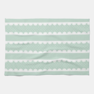 Contemporary Mint White Lace Stripes Pattern Tea Towel