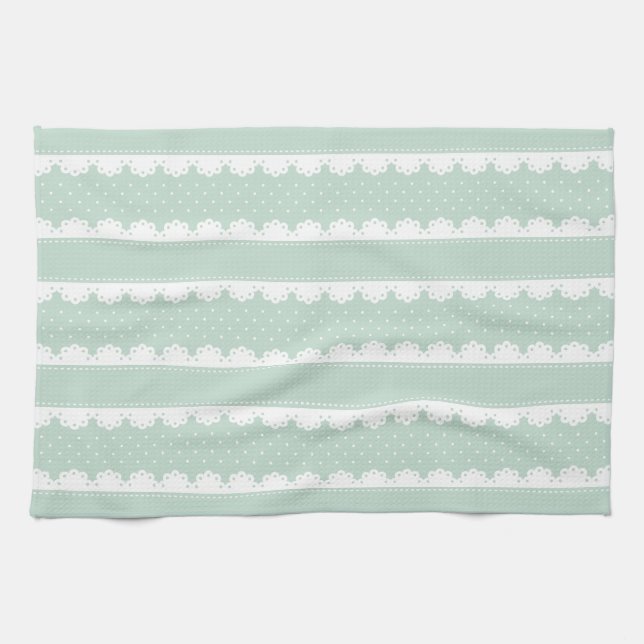 Contemporary Mint White Lace Stripes Pattern Tea Towel (Horizontal)