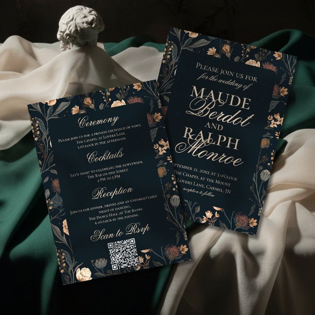 Contemporary Modern Black Floral Wedding Invitation (Announce your celebration with timeless elegance using this Contemporary Floral Wedding Invite!)