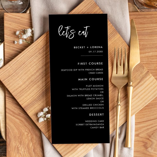 Contemporary modern black Let's eat wedding Menu (Creator Uploaded)