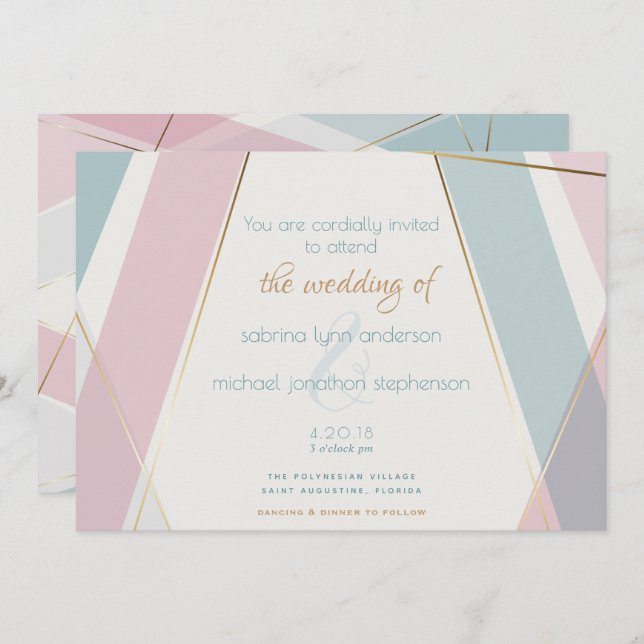 Contemporary Modern Geometric Stripes Teal Rose Invitation (Front/Back)