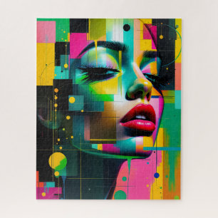 Contemporary Modern Portrait Women Green Pink Jigsaw Puzzle