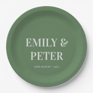 Contemporary Modern Sage Green Minimalist Wedding Paper Plate