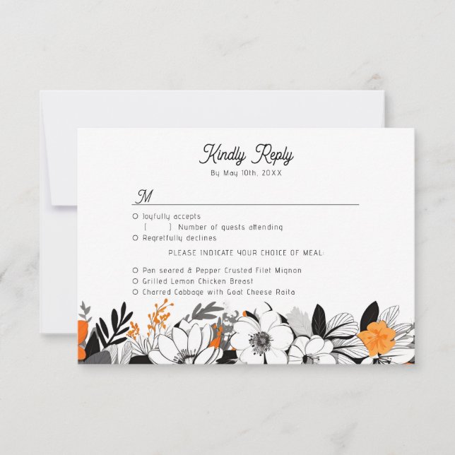 contemporary monochrome flowers meal choices RSVP card (Front)