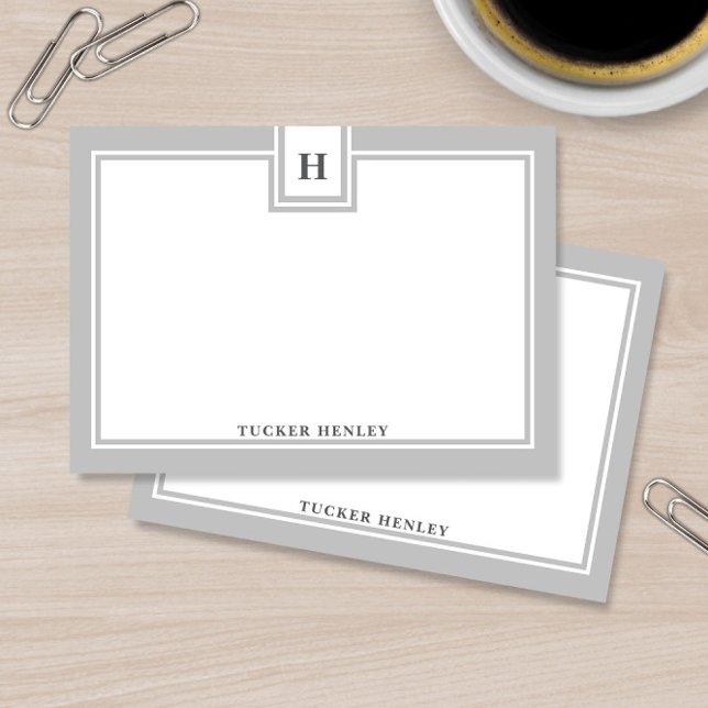 Contemporary Monogram Bold Grey Border Stationery Card (Creator Uploaded)