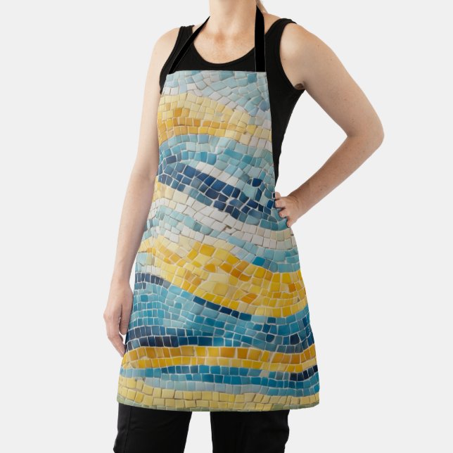 Contemporary mosaic design gradient of ocean blues apron (Insitu)