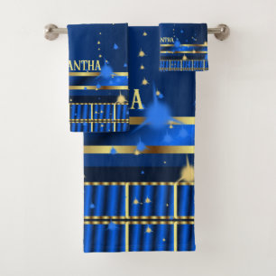 Contemporary Navy And Royal Blue Gold Geometric Bath Towel Set