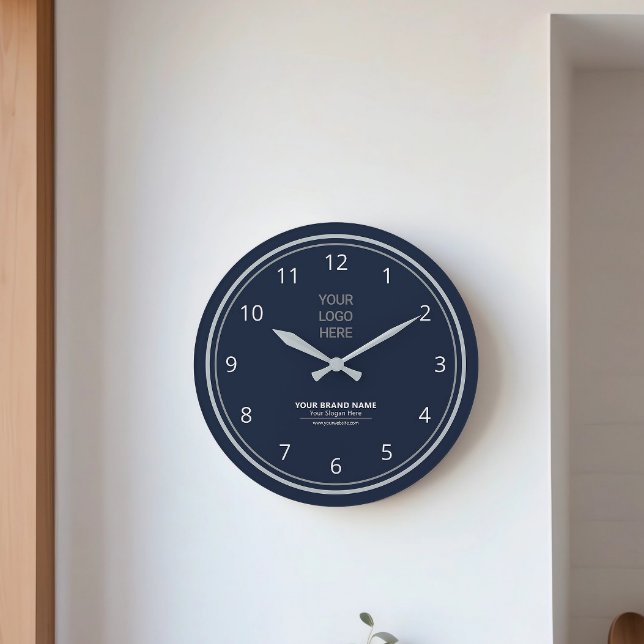 Contemporary Navy Blue Theme Custom Logo Branded Large Clock (Creator Uploaded)