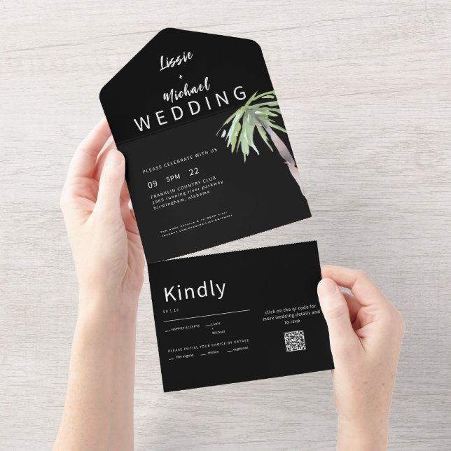 Contemporary  Palm Tree Black QR Code Wedding All In One Invitation (Tearaway)