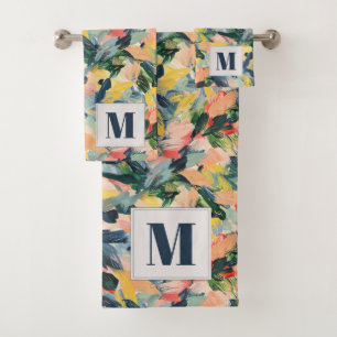 Contemporary Peach and Blue Abstract Floral Bath Towel Set