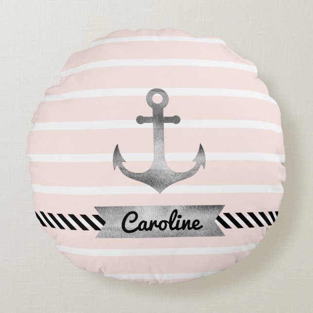 Contemporary Pink Stripes Anchor Personalised Round Cushion (Front)