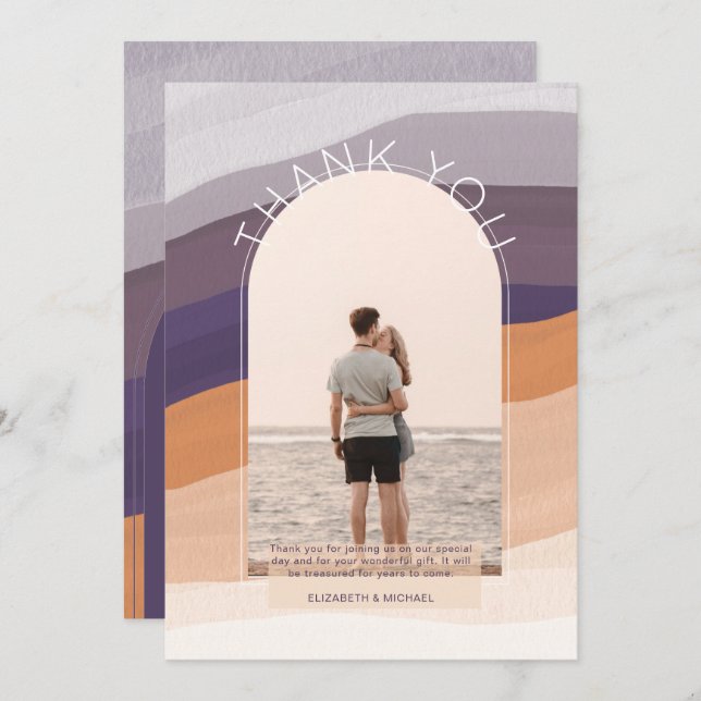 Contemporary Purple Orange Striped PHOTO THANK YOU (Front/Back)