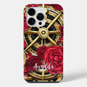 Contemporary Red and Gold Abstract Steampunk iPhone 14 Pro Max Case