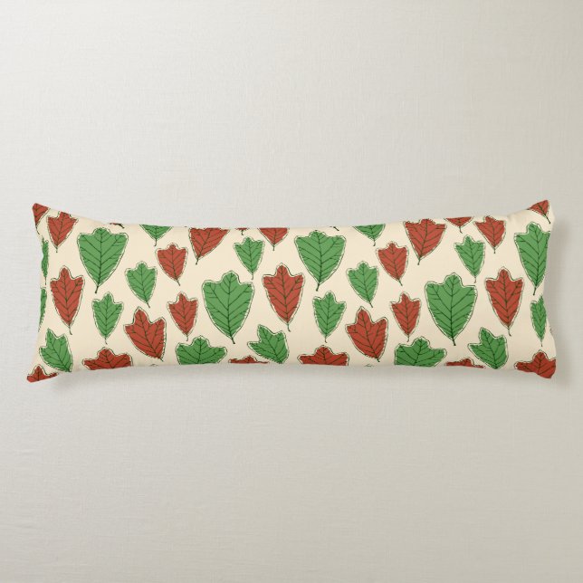 Contemporary Red and Green Oak Leaves Pattern Body Cushion (Front)