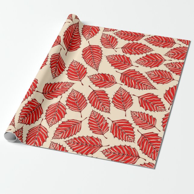 Contemporary Red Birch Leaves Pattern Wrapping Paper (Unrolled)