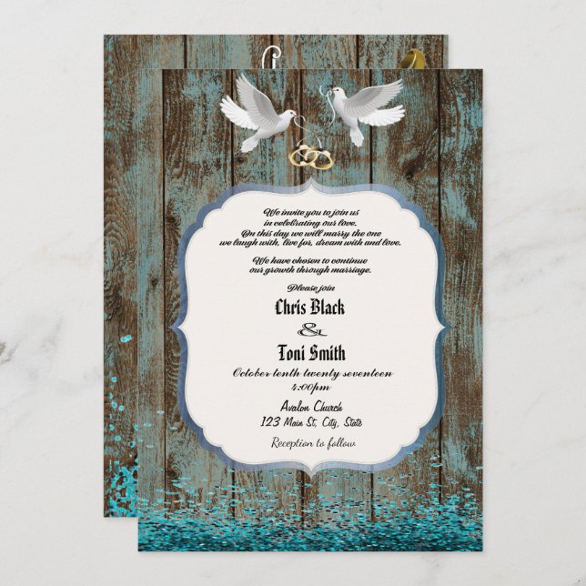 Contemporary Rustic Wood & Doves Wedding Invite (Front/Back)