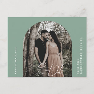Contemporary Sage Arch Photo Black Save the Date Postcard