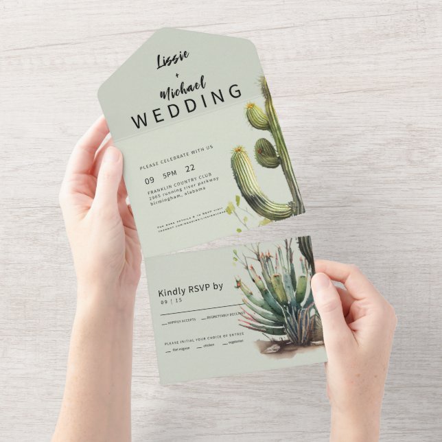 Contemporary Sage Cactus Wedding All In One Invitation (Tearaway)