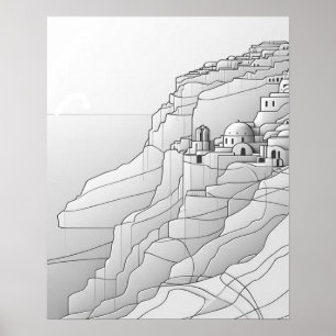 Contemporary Santorini Line Art in Black and White Poster