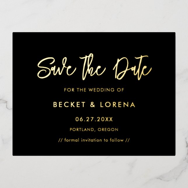 Contemporary Save the date black & gold foil card (Front)
