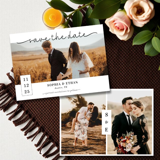 Contemporary Script Black & White Photo Wedding Save The Date (Creator Uploaded)