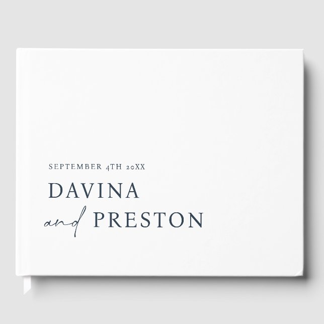 Contemporary Script Modern  Minimalist NAVY BLUE Guest Book (Front)
