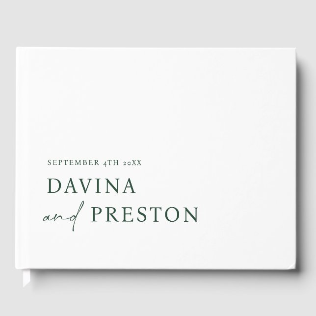 Contemporary Script Modern  Minimalist WHITE GREEN Guest Book (Front)