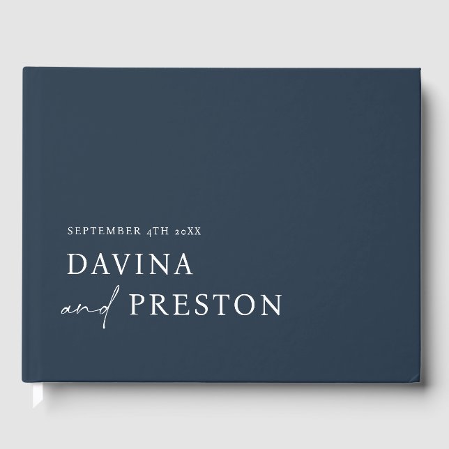 Contemporary Script Modern Simple Minimalist NAVY Guest Book (Front)