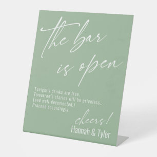 Contemporary Script Sage Green The Bar is Open Pedestal Sign