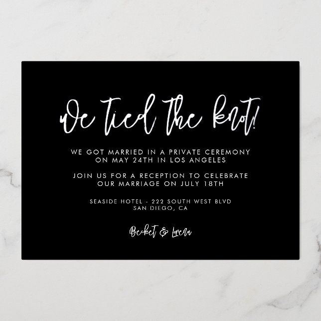 Contemporary silver foil We tied the knot card (Front)