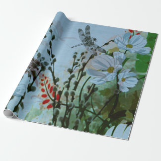 Contemporary Silver-wing Dragonflies / Floral Wrapping Paper