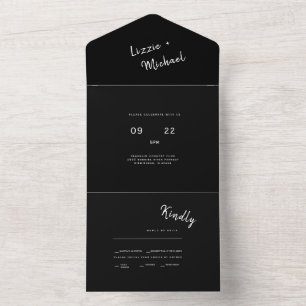 Contemporary Simple Black Monogram Wedding  All In One Invitation