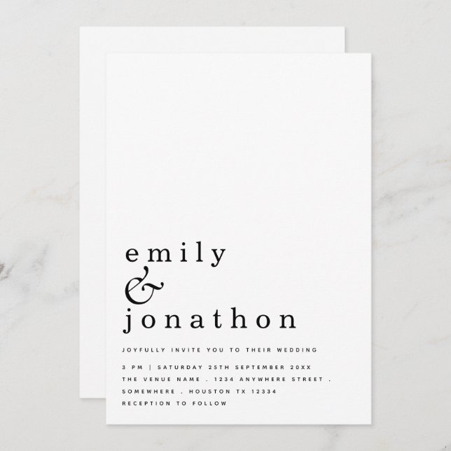 Contemporary Simple Text Black White Wedding Invitation (Front/Back)