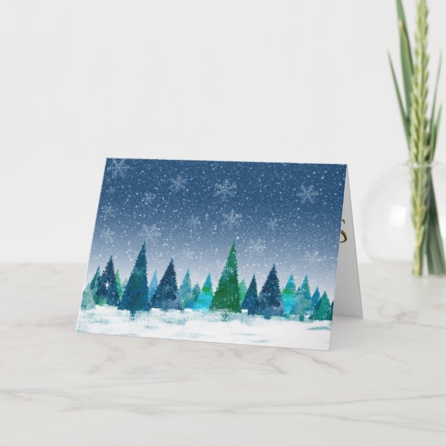 Contemporary Snowy Blue Forest Merry Christmas Holiday Card (Front)