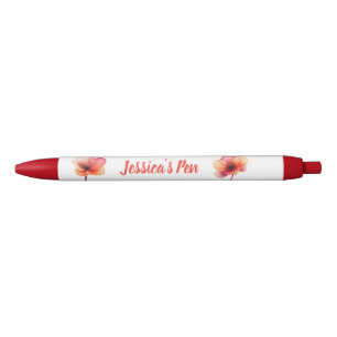Contemporary Soft Coral Floral Name Black Ink Pen