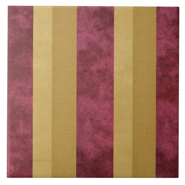 Contemporary Striped Cranberry, Gold, Buttercream Ceramic Tile (Front)