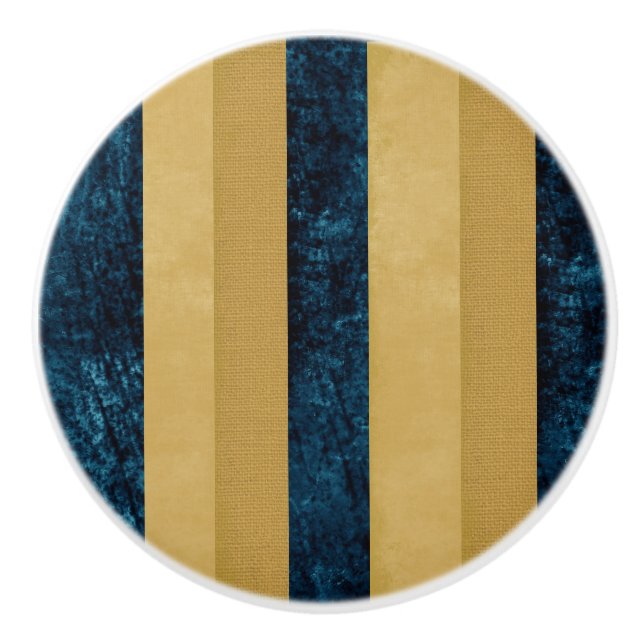 Contemporary Striped Royal Blue, Gold, Buttercream Ceramic Knob (Front)